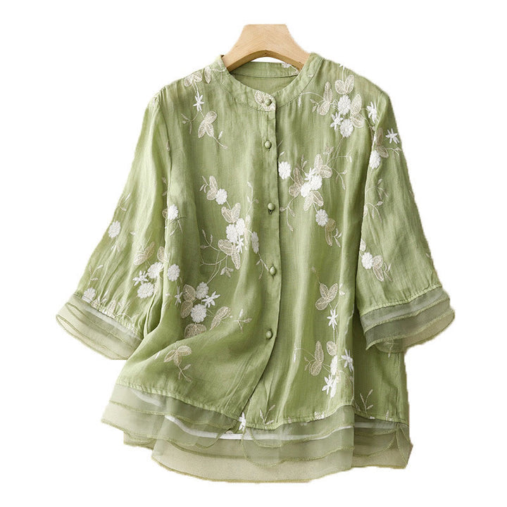Buddha Stones Casual Embroidered Petals Spliced ​​Organza Women's Crew Neck Design Half Sleeve Cotton Cardigan Shirt - image 15