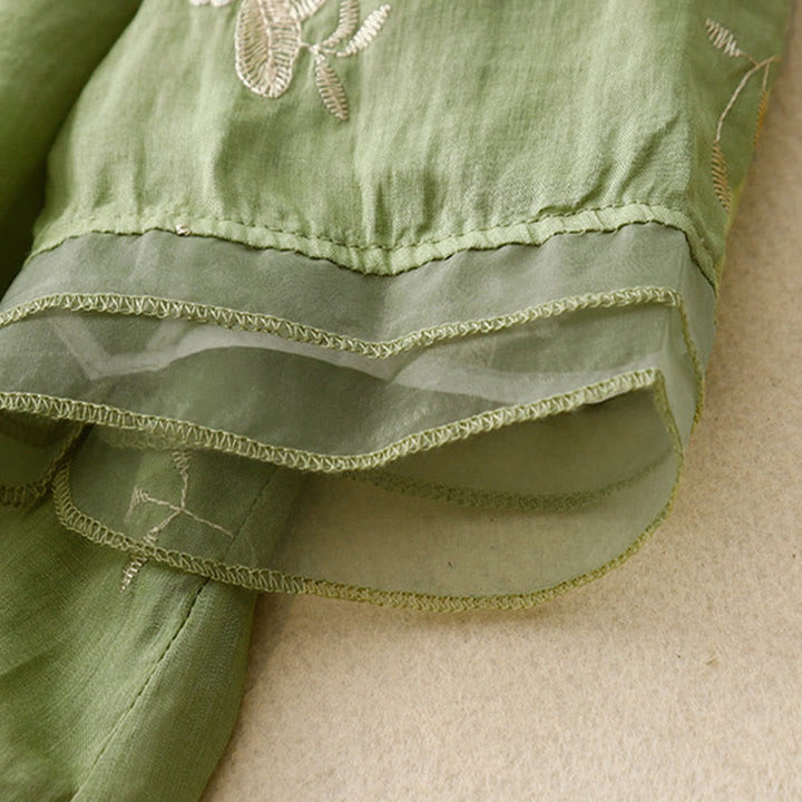 Buddha Stones Casual Embroidered Petals Spliced ​​Organza Women's Crew Neck Design Half Sleeve Cotton Cardigan Shirt - image 19