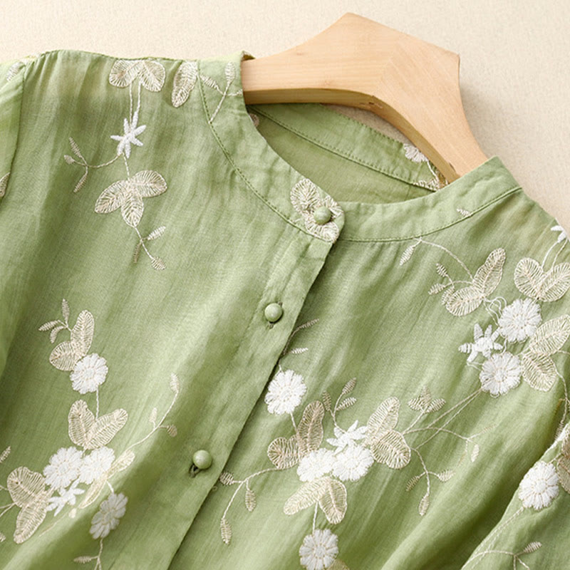 Buddha Stones Casual Embroidered Petals Spliced ​​Organza Women's Crew Neck Design Half Sleeve Cotton Cardigan Shirt - image 16