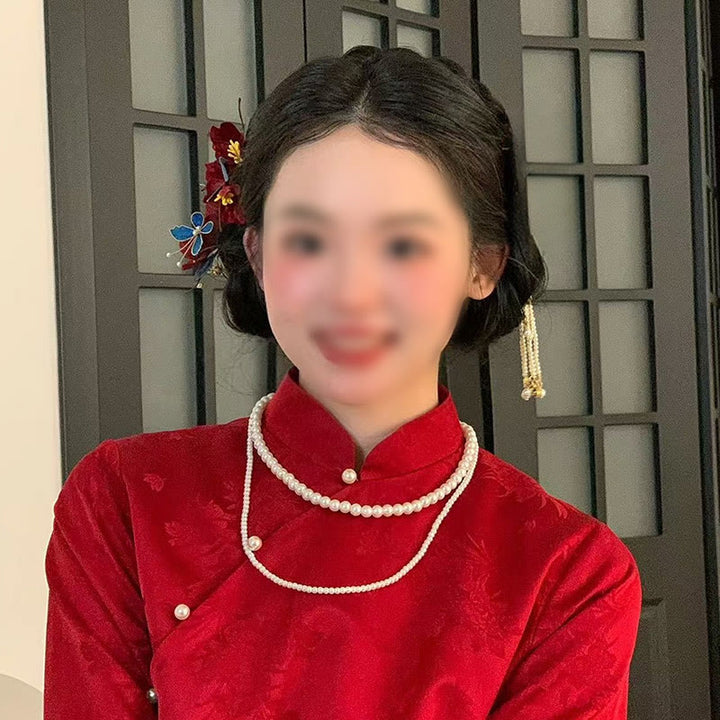 Buddha Stones Chinese Wedding Red Flower Butterfly Hair Comb Hairpin Barrette