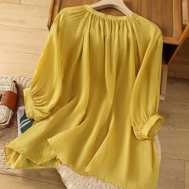 Buddha Stones Casual Plain Women's Single Row Multi-Button V-Neck Design Three Quarter Sleeve Cotton Linen Shirt - image 1