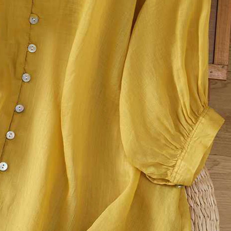 Buddha Stones Casual Plain Women's Single Row Multi-Button V-Neck Design Three Quarter Sleeve Cotton Linen Shirt - image 8