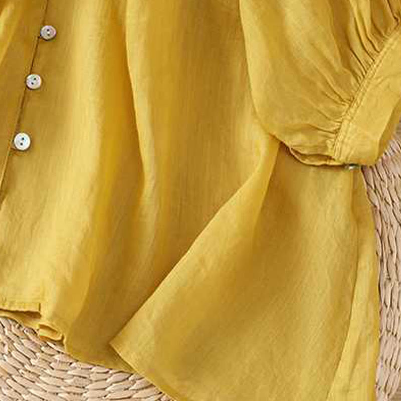 Buddha Stones Casual Plain Women's Single Row Multi-Button V-Neck Design Three Quarter Sleeve Cotton Linen Shirt - image 7