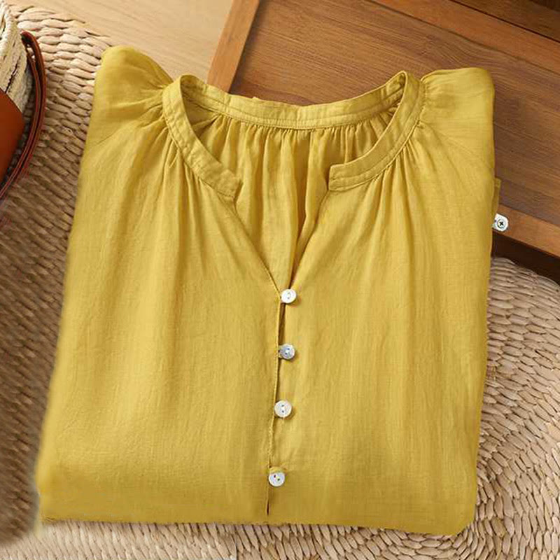 Buddha Stones Casual Plain Women's Single Row Multi-Button V-Neck Design Three Quarter Sleeve Cotton Linen Shirt - image 5