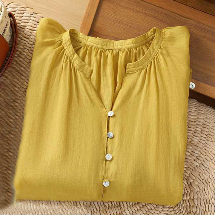 Buddha Stones Casual Plain Women's Single Row Multi-Button V-Neck Design Three Quarter Sleeve Cotton Linen Shirt - image 5