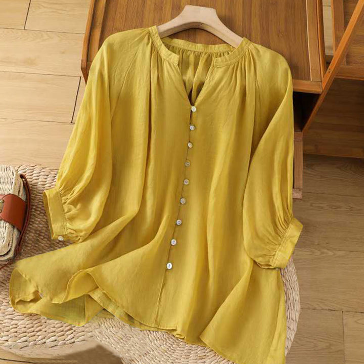 Buddha Stones Casual Plain Women's Single Row Multi-Button V-Neck Design Three Quarter Sleeve Cotton Linen Shirt - Gold - US12，UK/AU16，EU44 (2XL) - image 0