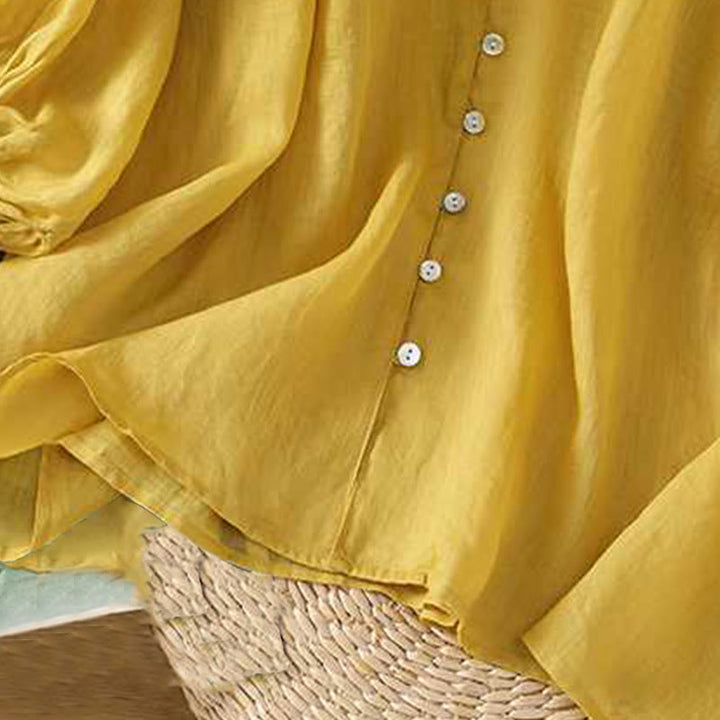 Buddha Stones Casual Plain Women's Single Row Multi-Button V-Neck Design Three Quarter Sleeve Cotton Linen Shirt - image 9