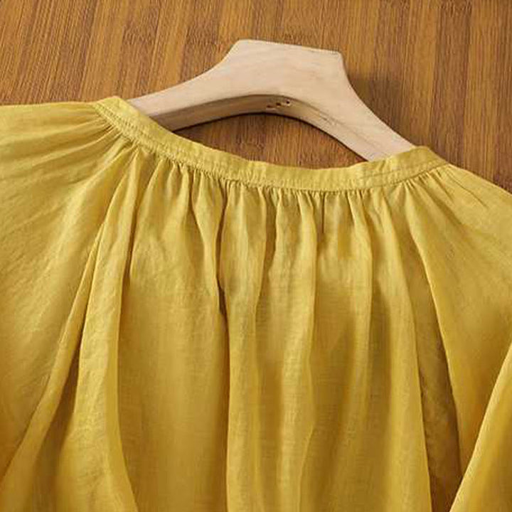 Buddha Stones Casual Plain Women's Single Row Multi-Button V-Neck Design Three Quarter Sleeve Cotton Linen Shirt - image 4