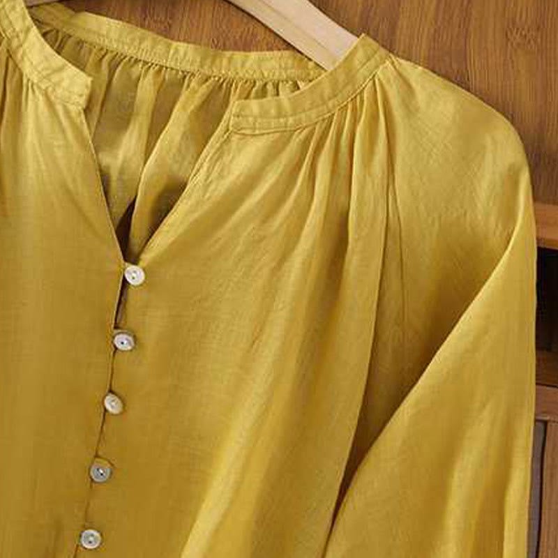 Buddha Stones Casual Plain Women's Single Row Multi-Button V-Neck Design Three Quarter Sleeve Cotton Linen Shirt - image 3