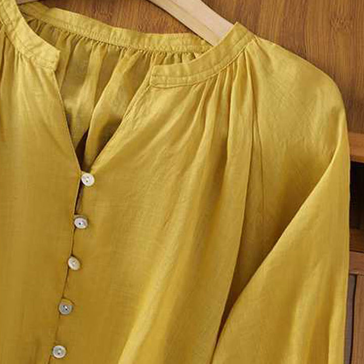 Buddha Stones Casual Plain Women's Single Row Multi-Button V-Neck Design Three Quarter Sleeve Cotton Linen Shirt - image 3