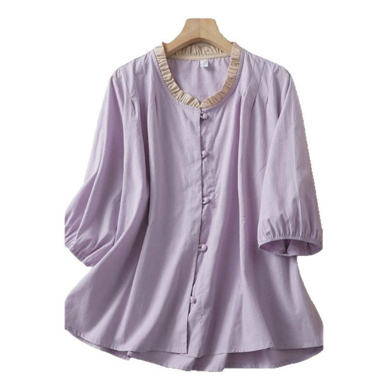 Buddha Stones Casual Plain Frog-Button Women's Ruffle Collar Design Half Sleeve Cotton Linen Shirt - image 8