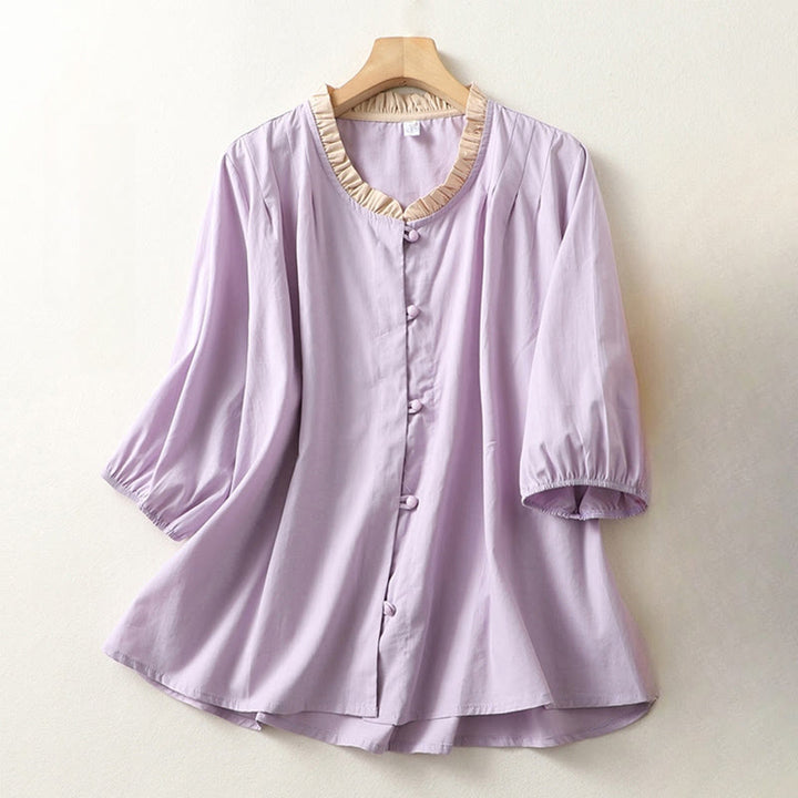 Buddha Stones Casual Plain Frog-Button Women's Ruffle Collar Design Half Sleeve Cotton Linen Shirt - Plum - US8-10，UK/AU12-14，EU40-42 (2XL) - image 7