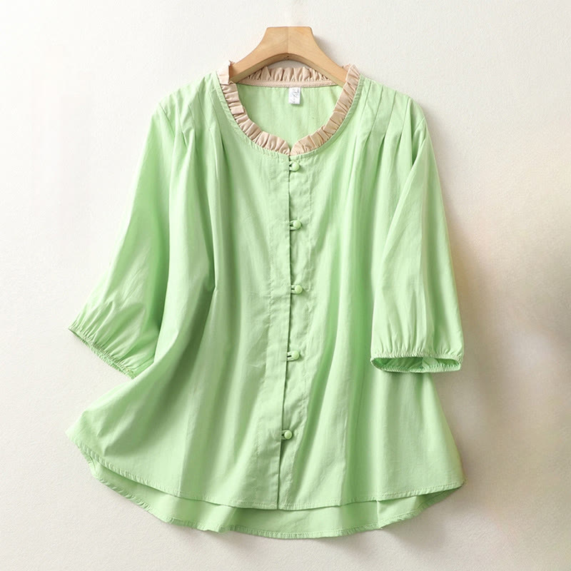 Buddha Stones Casual Plain Frog-Button Women's Ruffle Collar Design Half Sleeve Cotton Linen Shirt - PaleGreen - US8-10，UK/AU12-14，EU40-42 (2XL) - image 13