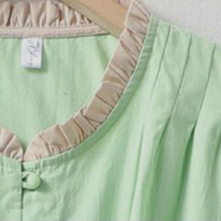 Buddha Stones Casual Plain Frog-Button Women's Ruffle Collar Design Half Sleeve Cotton Linen Shirt - image 15