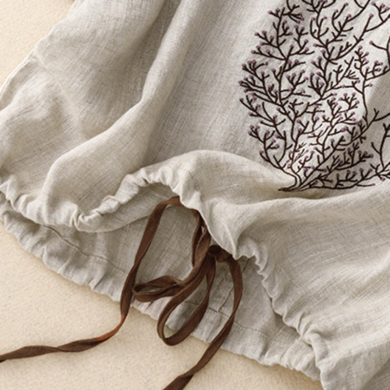 Buddha Stones Casual Embroidery Tree Drawstring Women's Crew Neck Design Half Sleeve Cotton Linen T-Shirt - image 4