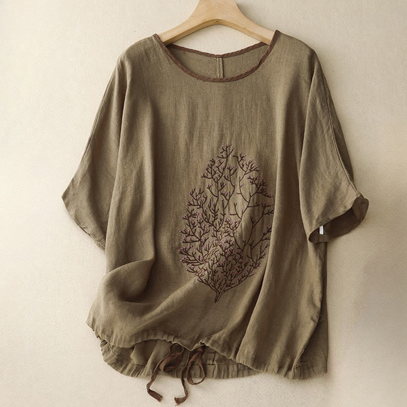 Buddha Stones Casual Embroidery Tree Drawstring Women's Crew Neck Design Half Sleeve Cotton Linen T-Shirt - Olive - US14，UK/AU18，EU46 (2XL) - image 16
