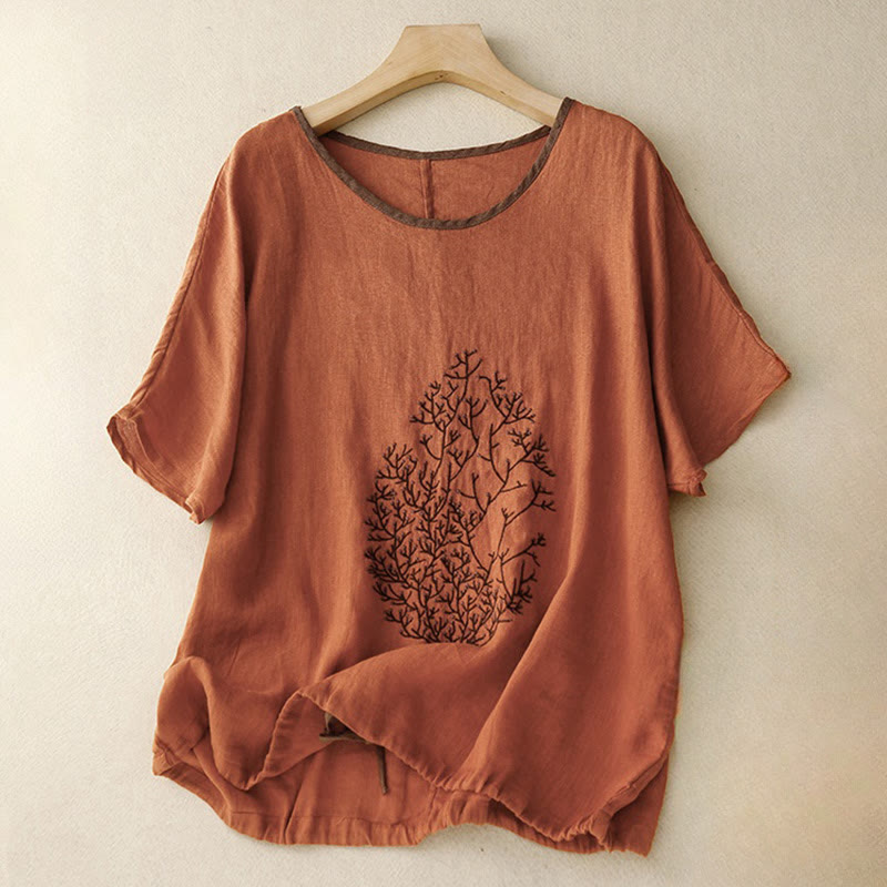 Buddha Stones Casual Embroidery Tree Drawstring Women's Crew Neck Design Half Sleeve Cotton Linen T-Shirt - Chocolate - US14，UK/AU18，EU46 (2XL) - image 21