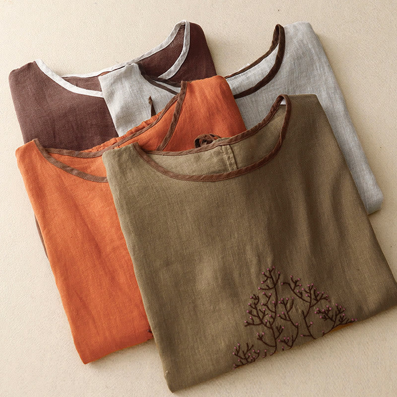 Buddha Stones Casual Embroidery Tree Drawstring Women's Crew Neck Design Half Sleeve Cotton Linen T-Shirt - image 28