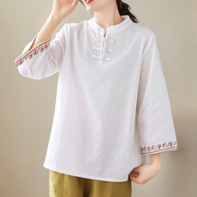 Buddha Stones Casual Jacquard Frog-Button Women's Crew Neck Design Three Quarter Sleeve Cotton Linen Shirt - image 4