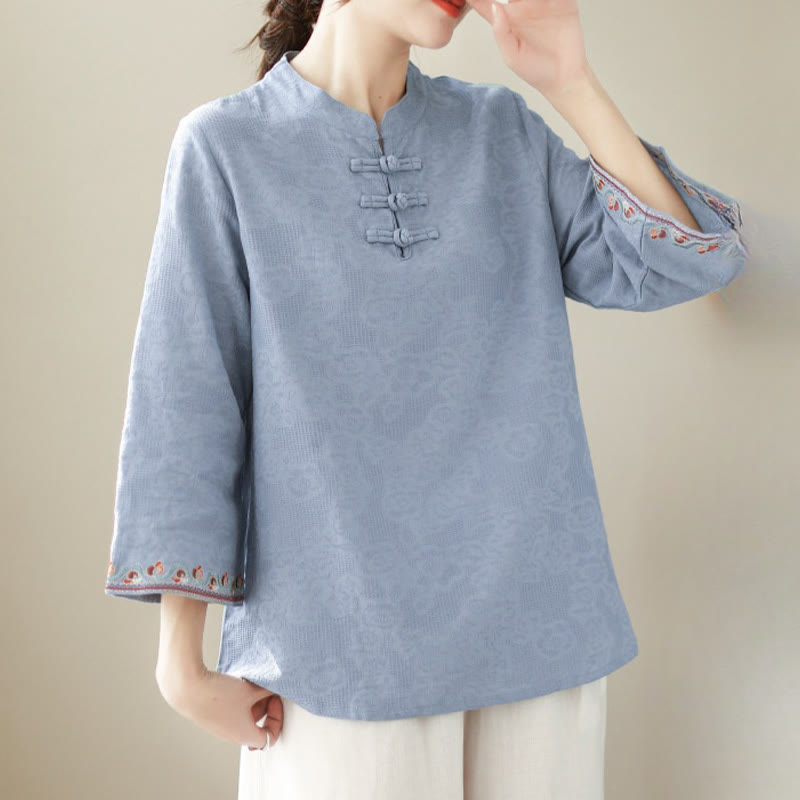 Buddha Stones Casual Jacquard Frog-Button Women's Crew Neck Design Three Quarter Sleeve Cotton Linen Shirt - image 13