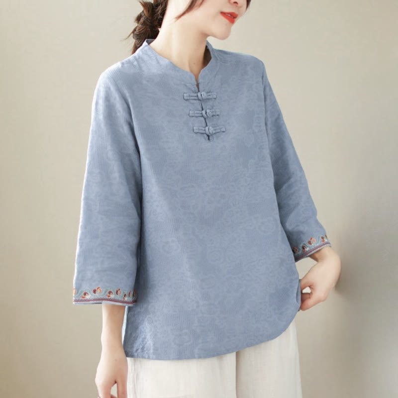 Buddha Stones Casual Jacquard Frog-Button Women's Crew Neck Design Three Quarter Sleeve Cotton Linen Shirt - LightSkyBlue - US8-10，UK/AU12-14，EU40-42 (2XL) - image 12