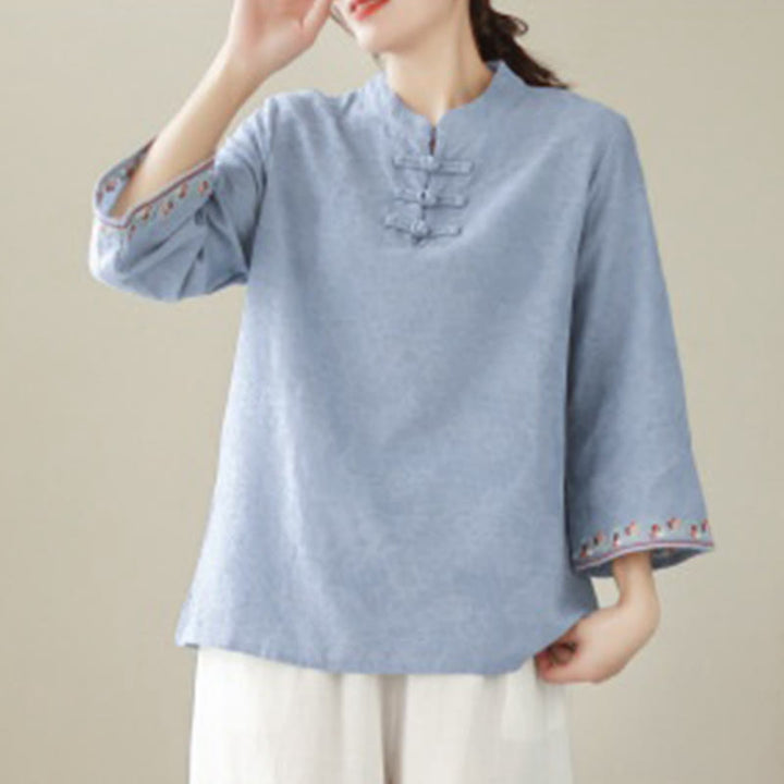 Buddha Stones Casual Jacquard Frog-Button Women's Crew Neck Design Three Quarter Sleeve Cotton Linen Shirt - image 16