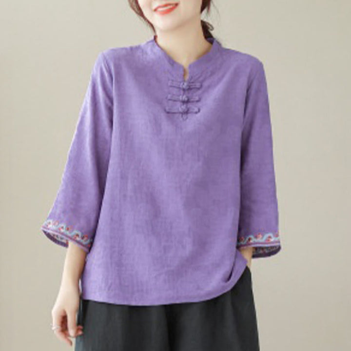 Buddha Stones Casual Jacquard Frog-Button Women's Crew Neck Design Three Quarter Sleeve Cotton Linen Shirt - image 25