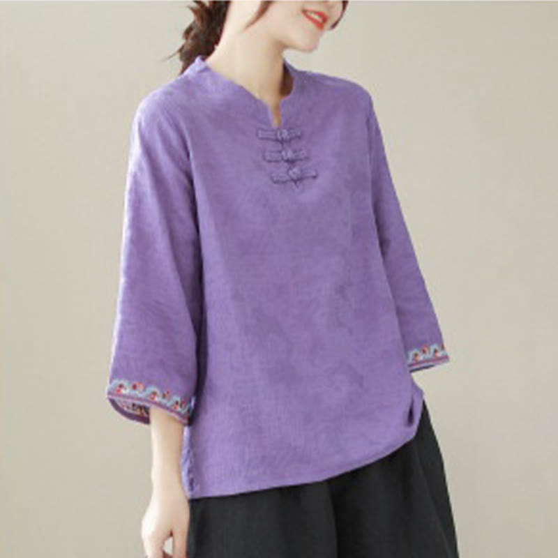 Buddha Stones Casual Jacquard Frog-Button Women's Crew Neck Design Three Quarter Sleeve Cotton Linen Shirt - image 22