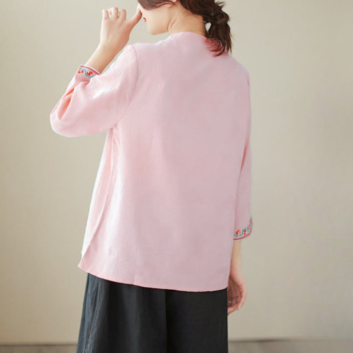 Buddha Stones Casual Jacquard Frog-Button Women's Crew Neck Design Three Quarter Sleeve Cotton Linen Shirt - image 29