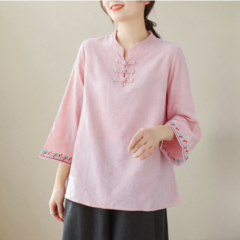 Buddha Stones Casual Jacquard Frog-Button Women's Crew Neck Design Three Quarter Sleeve Cotton Linen Shirt - image 28