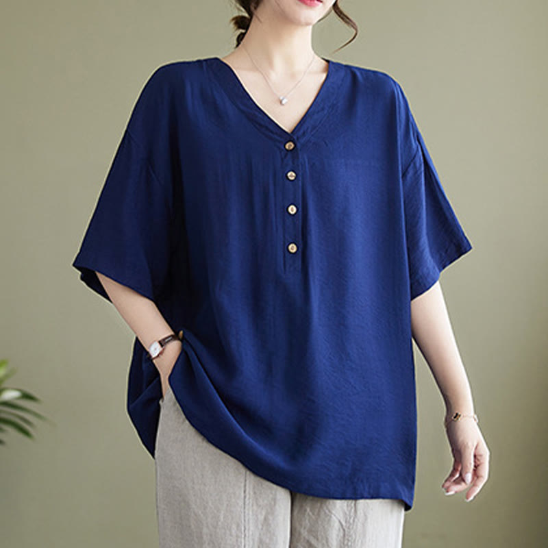 Buddha Stones Casual Plain Women's V-Neck Design Half Sleeve Viscose Shirt - MidnightBlue - US14，UK/AU18，EU46 (3XL) - image 10