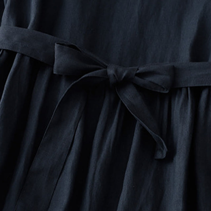 Buddha Stones Casual Plain Crew Neck Lace-up Half Sleeve Cotton Linen Midi Dress With Pockets - image 6