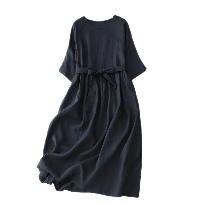 Buddha Stones Casual Plain Crew Neck Lace-up Half Sleeve Midi Dress With Pockets - image 2