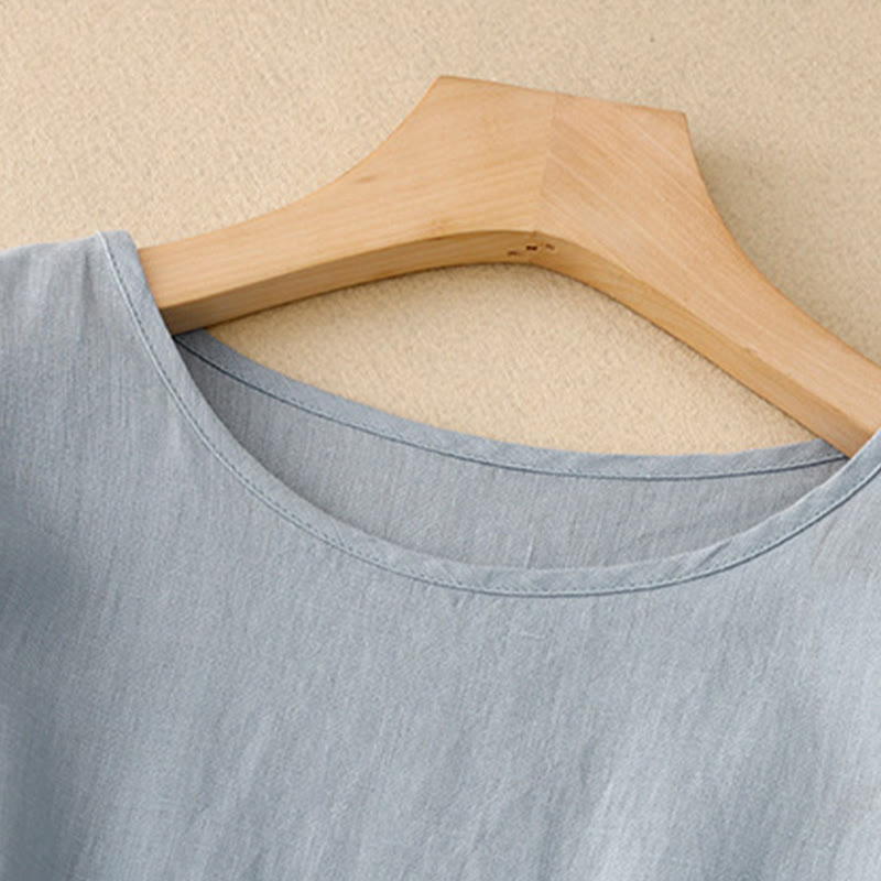 Buddha Stones Casual Plain Crew Neck Lace-up Half Sleeve Cotton Linen Midi Dress With Pockets - image 9