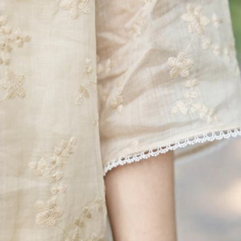 Buddha Stones Casual Embroidered Slant Collar Stand Collar Half Sleeve Design Ramie Midi Dress With Pockets - image 6