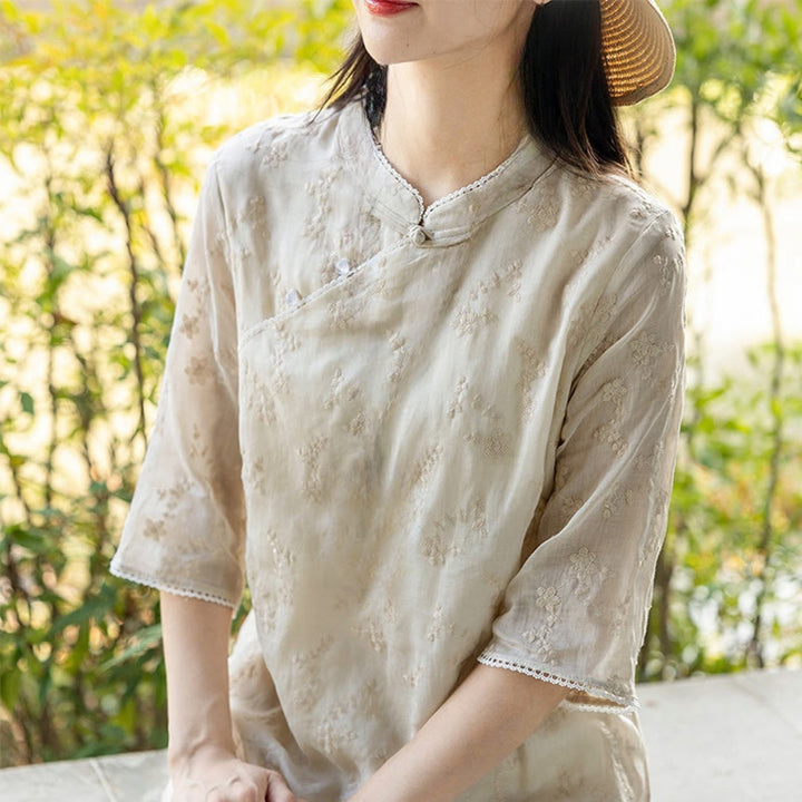 Buddha Stones Casual Embroidered Slant Collar Stand Collar Half Sleeve Design Ramie Midi Dress With Pockets - image 3