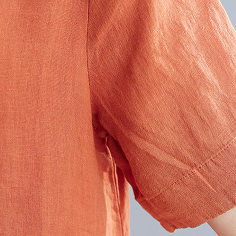 Buddha Stones Casual Loose Solid Color Cotton Linen Crew Neck Half Sleeve Design Midi Dress With Pockets - image 18