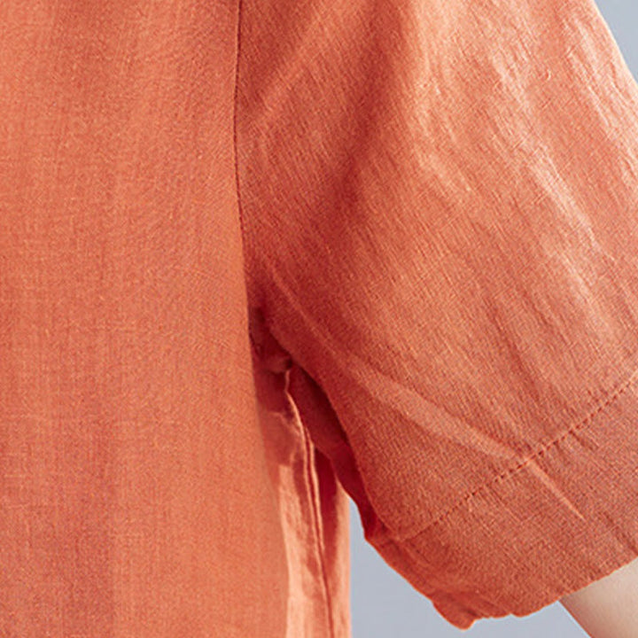 Buddha Stones Casual Loose Solid Color Cotton Linen Crew Neck Half Sleeve Design Midi Dress With Pockets - image 18