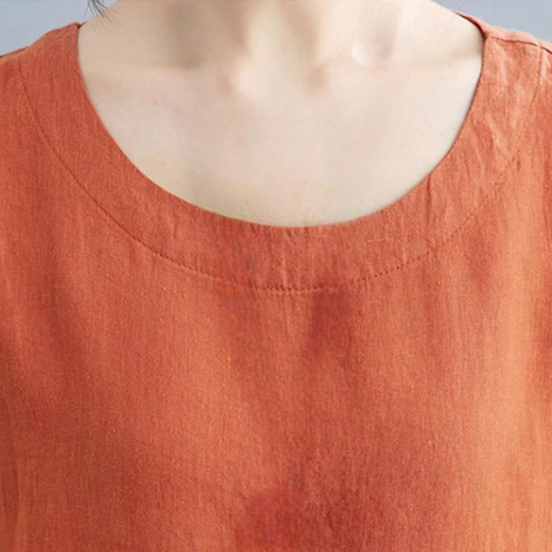 Buddha Stones Casual Loose Solid Color Cotton Linen Crew Neck Half Sleeve Design Midi Dress With Pockets - image 20