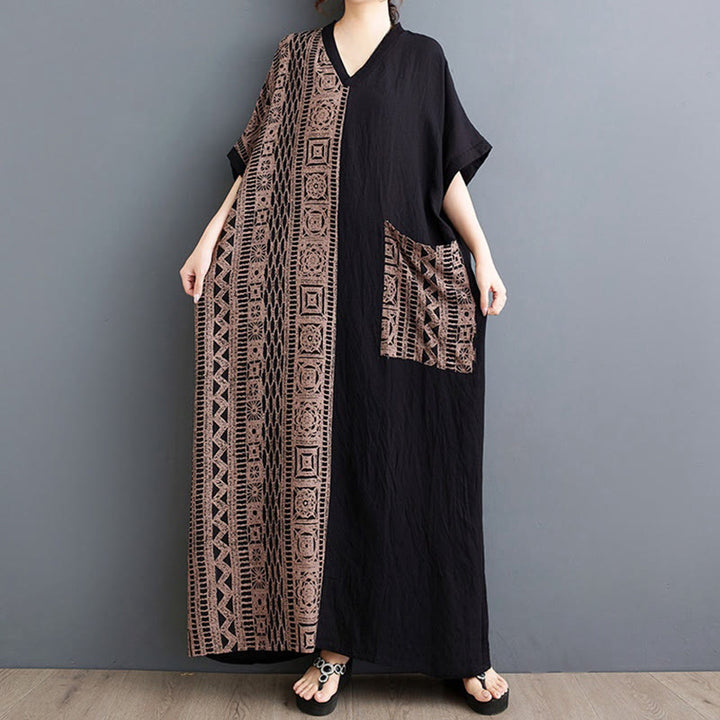 Buddha Stones Casual Loose Printing Dyeing Cotton Linen V-neck Half Sleeve Design Midi Dress With Pockets - Black - US4-12，UK/AU8-16，EU36-44 (F) - image 0