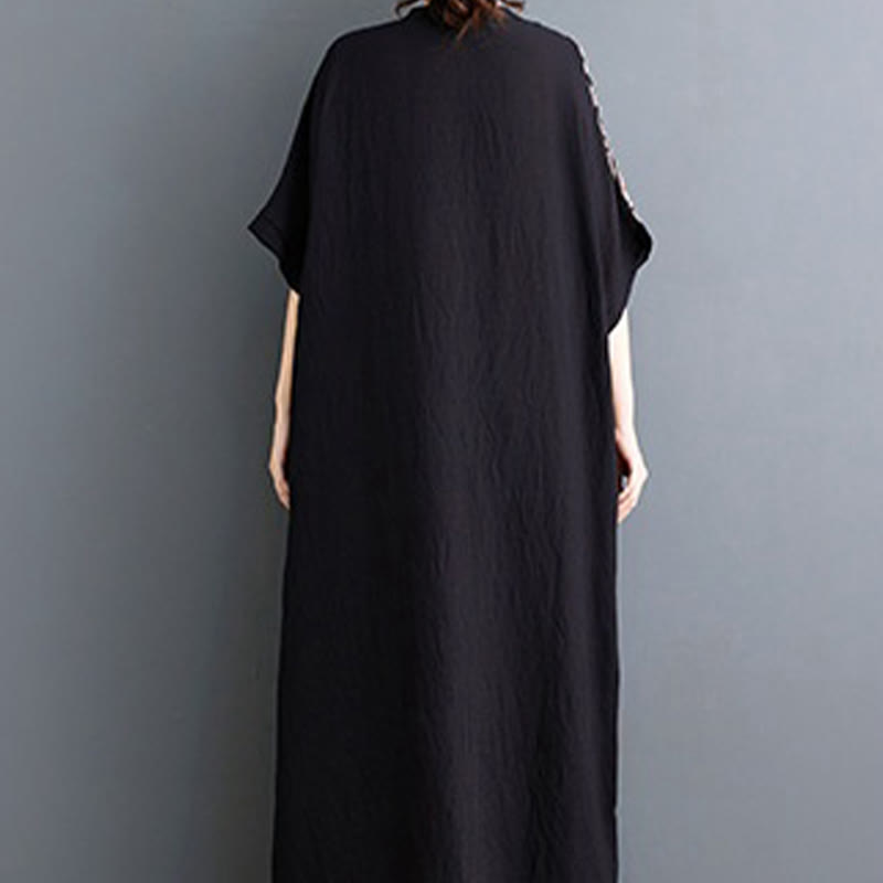 Buddha Stones Casual Loose Printing Dyeing Cotton Linen V-neck Half Sleeve Design Midi Dress With Pockets - image 2