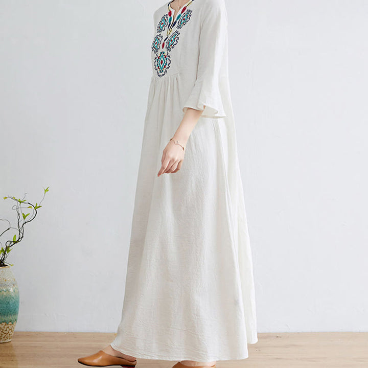 Buddha Stones Casual Embroidered Flower Pattern V-neck Three Quarter Sleeve Design Cotton Linen Midi Dress - image 5