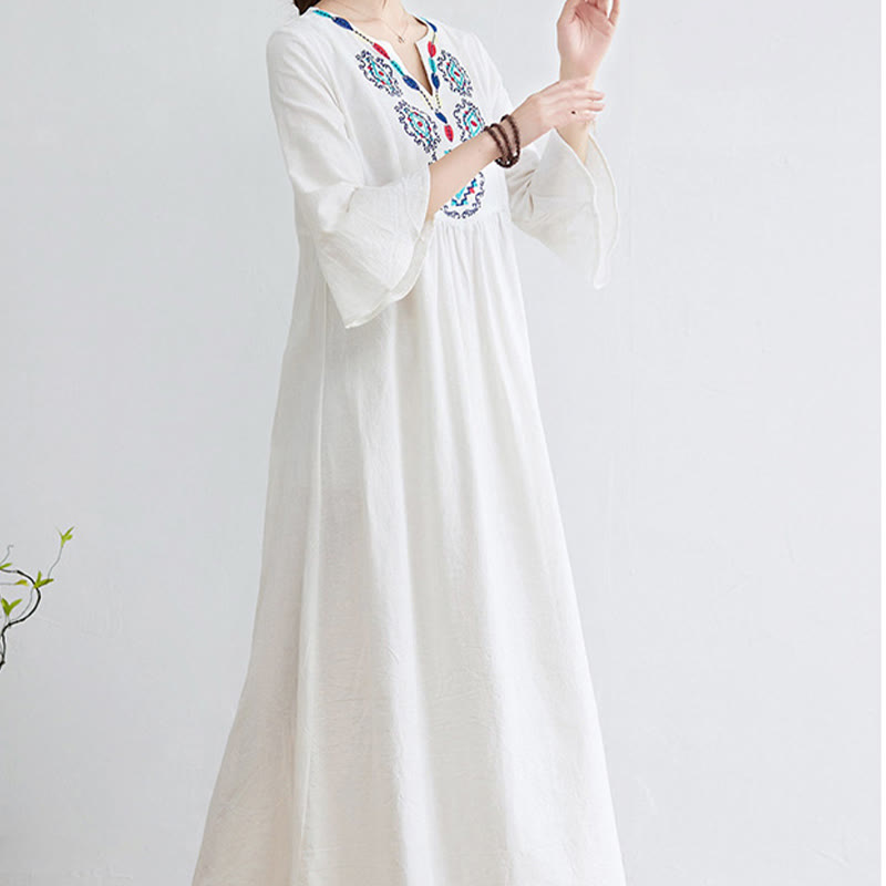 Buddha Stones Casual Embroidered Flower Pattern V-neck Three Quarter Sleeve Design Cotton Linen Midi Dress - image 2
