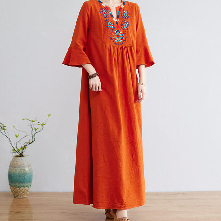 Buddha Stones Casual Embroidered Flower Pattern V-neck Three Quarter Sleeve Design Cotton Linen Midi Dress - image 11