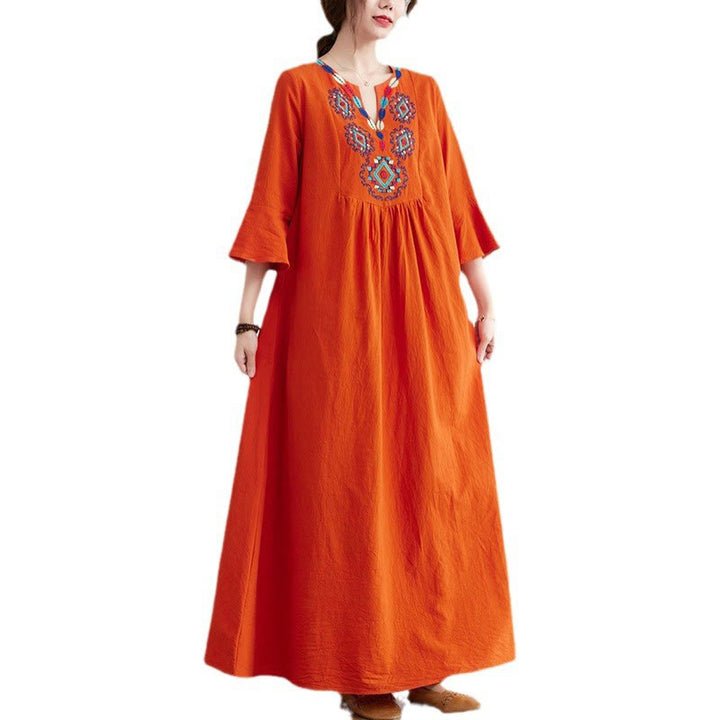 Buddha Stones Casual Embroidered Flower Pattern V-neck Three Quarter Sleeve Design Cotton Linen Midi Dress - image 12