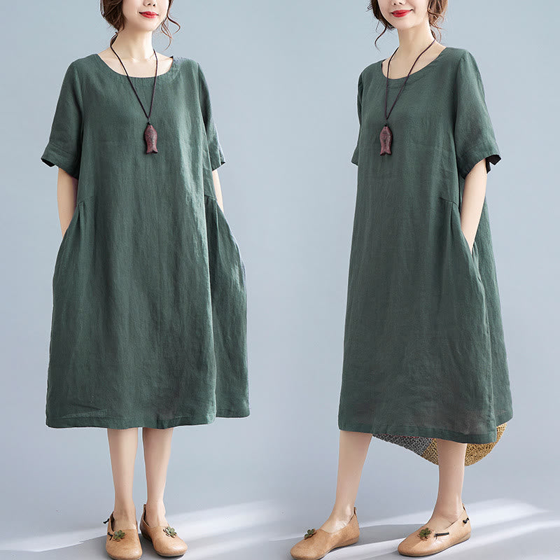 Buddha Stones Casual Loose Solid Color Cotton Linen Crew Neck Half Sleeve Design Midi Dress With Pockets - image 0