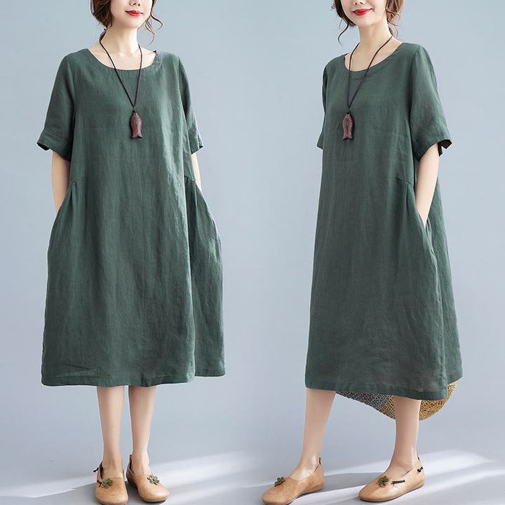 Buddha Stones Casual Loose Solid Color Cotton Linen Crew Neck Half Sleeve Design Midi Dress With Pockets - image 0