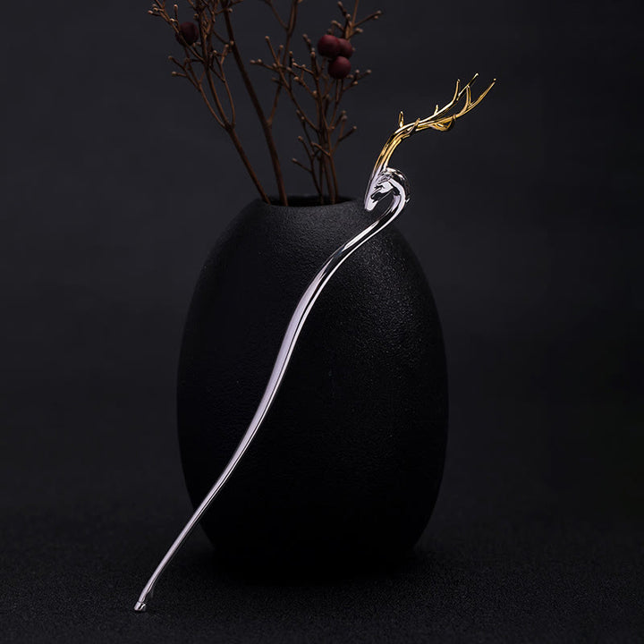Buddha Stones 925 Sterling Silver Deer Antler Protection Hairpin - Deer Antler Hairpin - image 0