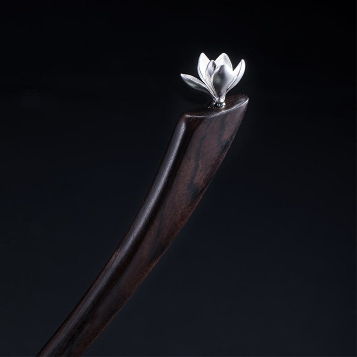 Buddha Stones 925 Sterling Silver Classical Ebony Magnolia Flower Blessing Hairpin - Magnolia Flower Ebony Hairpin - image 0