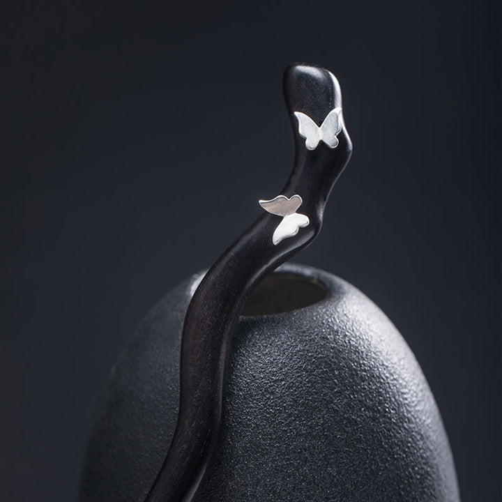 Buddha Stones 925 Sterling Silver Classical Chinese Style Ebony Butterfly Relax Hairpin - Butterfly Ebony Hairpin - image 0